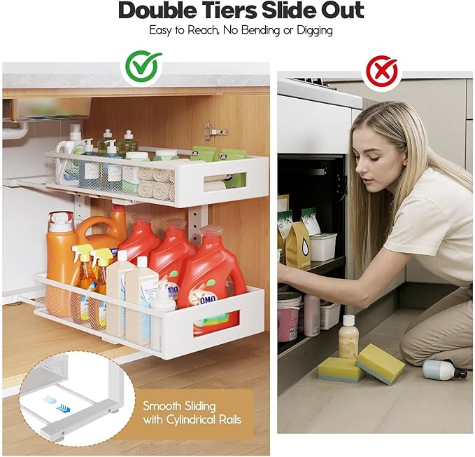 1 Pack 17IN Depth Under Sink Organizer, 2-Tier Pull Out Cabinet Organizer With Smooth Circular Rail, Large Capacity Metal Mesh Sliding Drawers For Bathroom& Kitchen Storage,Height Adjustable –White