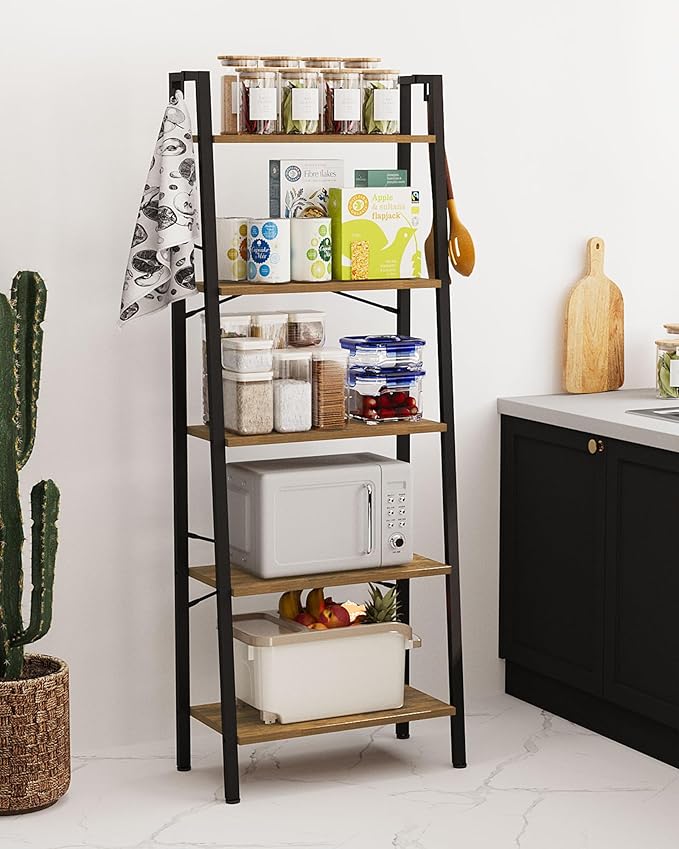 Ladder Shelf, Bookshelf Bookcase, Freestanding Corner Storage Shelve with 2 Hooks for Home Office, Living Room, Kitchen, Bedroom, Industrial, 11.8" D x 23.6" W x 63" H, Rustic Brown BC19301B