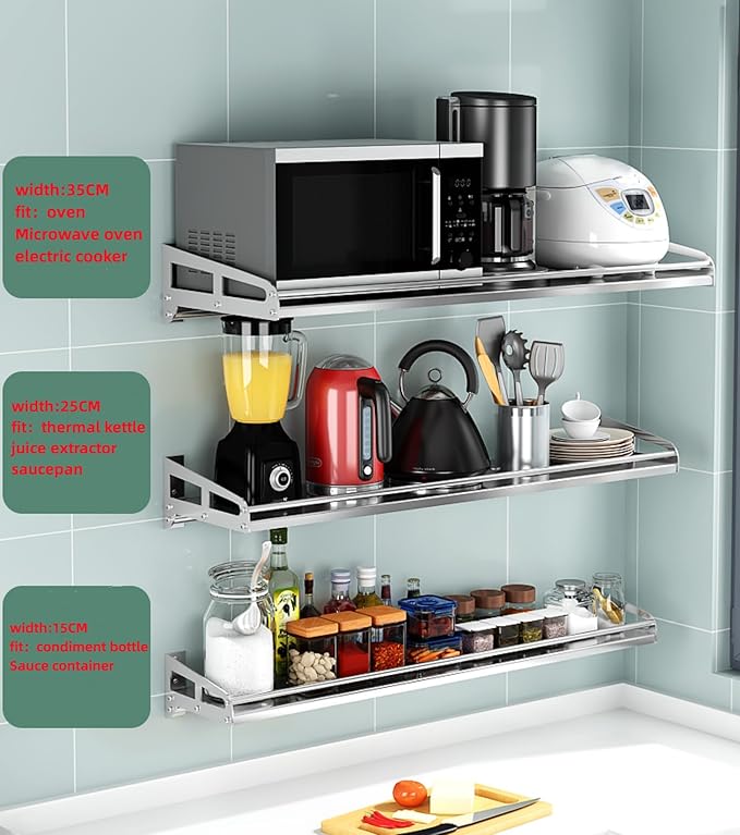 Wall Mount Metal Wall Shelf Kitchen Spice Condiment Racks 304 Stainless Steel fit Storage Rack Bedroom Bathroom Living Room Shelves (Length31.5 width9.8)