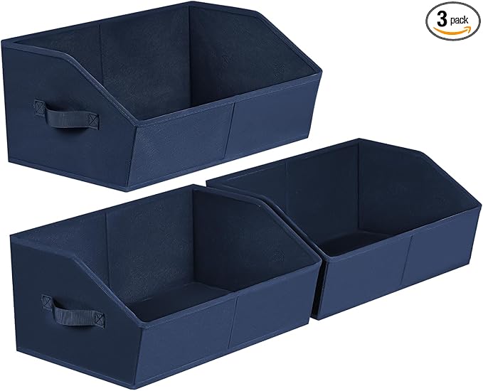 Closet Baskets for Shelves Trapezoid - Decorative Storage Baskets with Handle, Closet Bins for Organization, Shelf Storage Bins for Clothes, Books, Home, Office, 3 Pack, Navy Blue