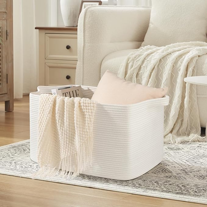 95L Extra Large Blanket Basket, 24" x 16.9" x 14.2" Woven Storage Basket for Living Room, Rectangle Nursery Blanket Storage for Toys, Towels, Dirty Clothes (White)