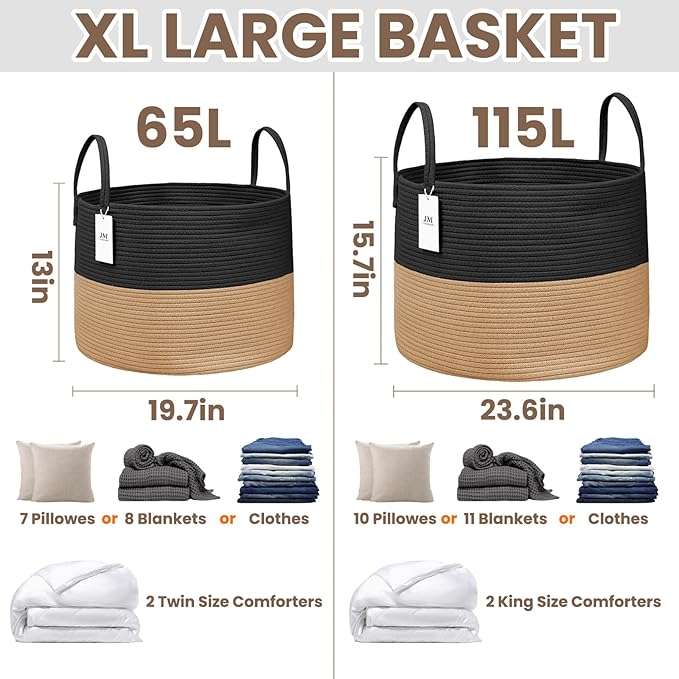 65L Extra Large Blanket Basket for Living Room - Woven Cotton Rope Laundry Hamper with Reinforced Handles - Storage Bin for Pillows, Comforters & Toys - Machine Washable,Black&Jute