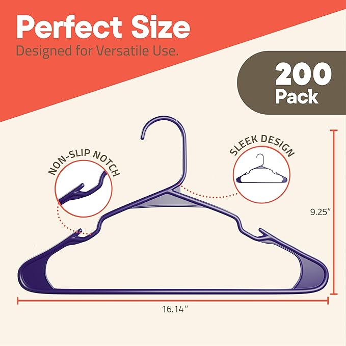 Purple Plastic Hangers 200 Pack– Heavy-Duty Plastic Hangers Slim and Space-Saving, Durable and Lightweight with Non-Slip Shoulder Notches for Slip Dresses, Suits, Jackets & Camisoles