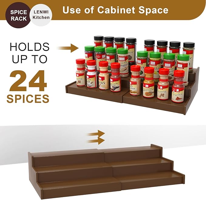 Spice Rack Organizer for Cabinet 2 Pack, 3 Tier Expandable Bamboo Spice Storage for Kitchen Cupboard Pantry, Brown