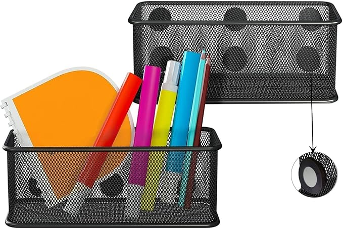 TAPBULL Mesh Magnetic Storage Baskets - Set of 2 (Black) with Anti-Slip Feature and Strong Magnets - Magnetic Locker Organizer and Pencil Holder for Whiteboard and Refrigerator (Black-2 pcs)