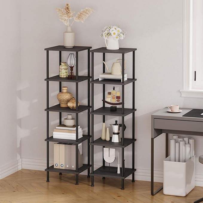 HOOBRO 5-Tier Corner Shelf Stand, Corner Square Rack Display Shelf, Tall Storage Rack Plant Stand, Corner Bookcase for Small Spaces, Living Room, Home Office, Kitchen, Black BK50CJ01