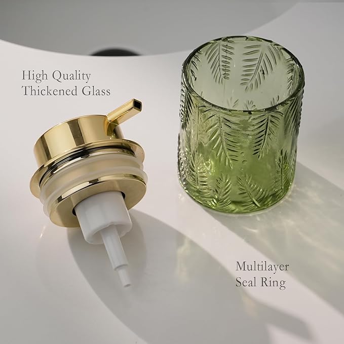 Glass Foaming Dispenser - Refillable Lotion or Soap Dispenser for Kitchen & Bathroom, Large Gold Pump (Leaf Pattern - Green)