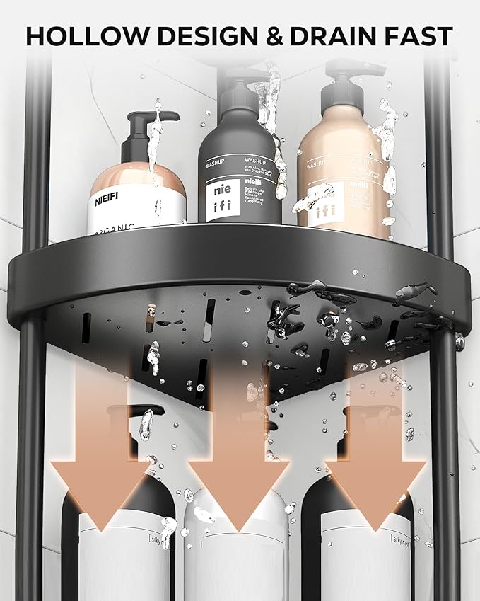 Nieifi Corner Shower Caddy Stand-5 Tier Rustproof Anodized Aluminum Standing Shower Organizer-Shower Caddy Corner-Dual Stability to Anti-Shaking-Height-Adjustable Legs for Uneven Surfaces-Black