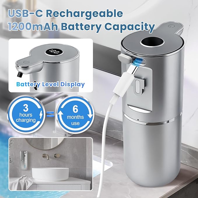 Automatic Soap Dispenser, Touchless Liquid Soap Dispensers, USB Rechargeable, 6-Level Adjustable Volume Control, 12.8oz/380ml, Wall Mount for Kitchen, Bathroom, Free Liquid Dispenser Stickers (Silver)