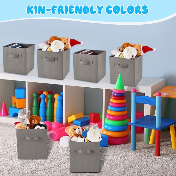 Yinder 12 Pcs Cube Storage Bin Grey 11'' Storage Bins for Playroom Decor Colorful Bins for Kids Foldable Baskets for Nursery Organizer Boxes Fabric Boxes