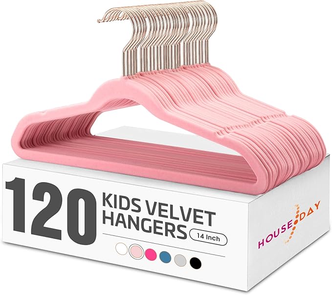 HOUSE DAY Velvet Kids Hangers 120 Pack, Premium Children Hangers for Closet, Slim Cute Clothes Hanger, Non Slip Kid Felt Hanger 14 Inch, Small Size for Toddler Clothes, Blush Pink