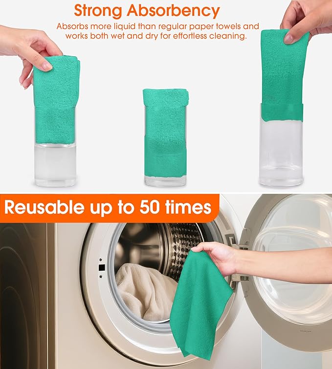 CHAUNCEY HOME Microfiber Cleaning Cloth Roll–100 Pack, Tear Away Microfiber Towels, Reusable, Washable, Scratch-Free, Kitchen Towels for Car, Home, Kitchen, Glass, Dishes (Malachite Green)