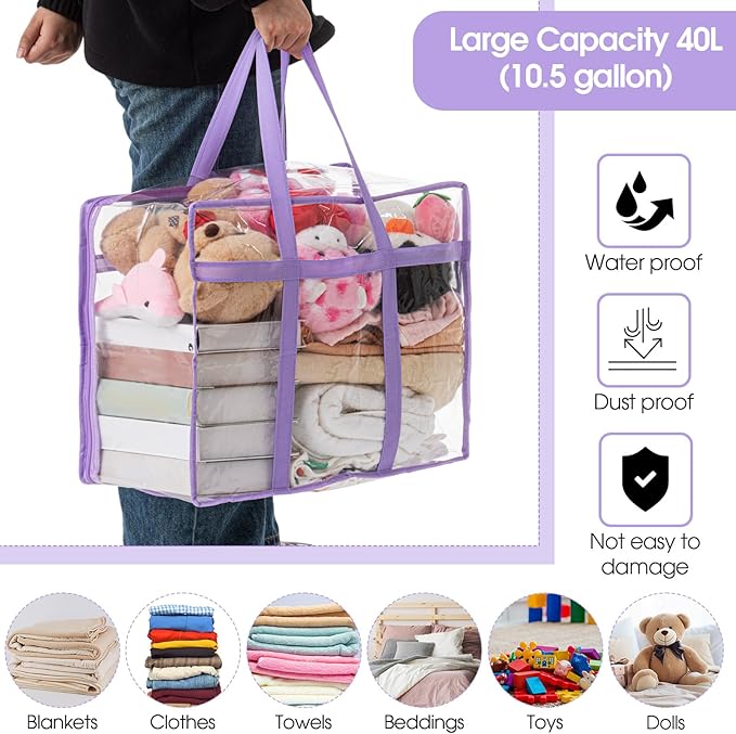 6 PCS Clear PVC Zippered Storage Bags 40L Plastic Closet Organizers and Storage Containers Foldable Moving Bags with Reinforced Handles for Bedding, Blankets, and Seasonal Clothes(Purple)