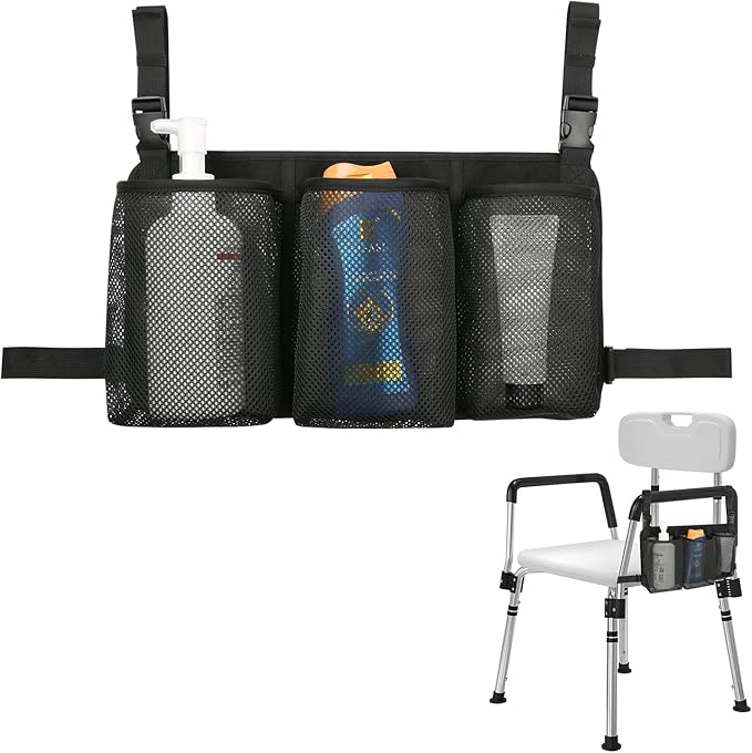 Beautyflier Removable Hanging Bag for Shower Chair, Commode Chair Side Storage Bag, Armrest Chair Side Organizer, 3 Storage Pockets for Shampoo, Shower Gel, Facial Cleanser, Bag Only (Black)