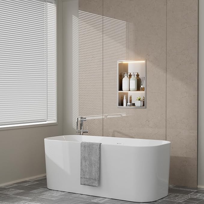 TSIBOMU Stainless Steel LED Lights Shower Niche 12" x 18" – Recessed 2-Tier Shower Shelf, 12"x12" Upper & 12"x6" Lower Storage, Modern Bathroom Wall Niche (Brushed)