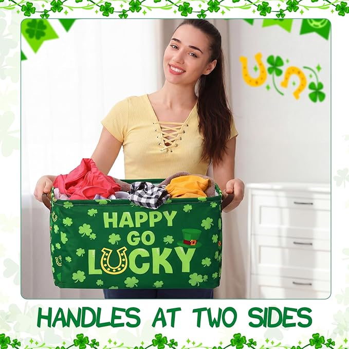 Boao 3 Pack Saint Patrick's Day Storage Baskets for Gifts Empty Collapsible Large Lucky Clover Storage Bins, Canvas Laundry Basket with Handle for Office Home Bedroom Clothes Toys, Irish Holiday Decor