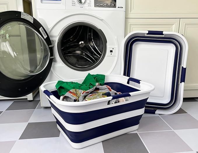SAMMART 42 (11 Gallons) Collapsible Plastic Laundry Basket, Foldable Pop Up Storage Container/Organizer, Space Saving Hamper, Portable Bin for Dorm Room Bathroom (2, White/Starry Blue)