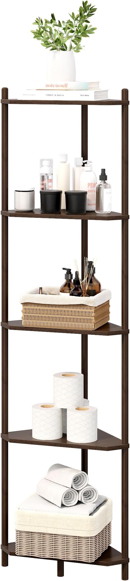 Corner Shelf Stand - 5 Tier Bamboo Small Corner Bookshelf for Office Kitchen Bedroom Plant Stand Living Room Decor Small Space (Brown, 5 Tier)