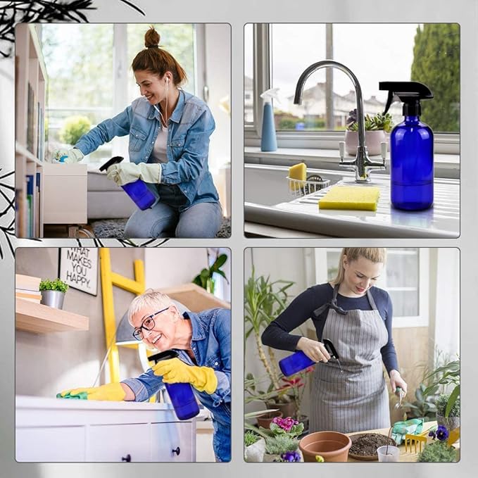 Glass Spray Bottles, 16oz Blue Glass Spray Bottles with Labels & Adjustable Nozzle, Reusable Containers for Cleaning, BBQ, Food, Plants, Alcohol, Essential Oils(1 Pack)
