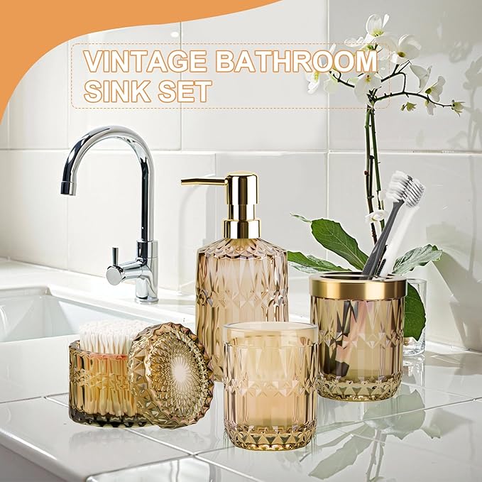 Brown Bathroom Accessories Set, 5Pack Clear Glass Bathroom Accessories, Includes Lotion Soap Dispenser, Toothbrush Holder, Qtip Holder and Soap Dish, Vintage Bathroom Decor