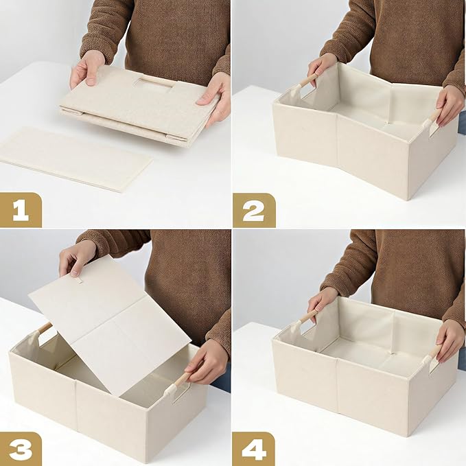 Foldable Fabric Storage Baskets Set of 2 for Shelves, Linen Decorative Storage Bins with Wooden Handles, Small Organizer Cubes for Closet, Rectangle Canvas Boxes for Organizing, Decor (Beige 2 Pack)