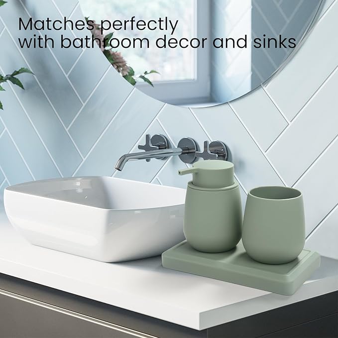 Bathroom Accessories Set, Modern 3 Pcs Bathroom Essentials - Soap Dispenser, Toothbrush Holder & Tray, Countertop Vanity Organizer (Green)