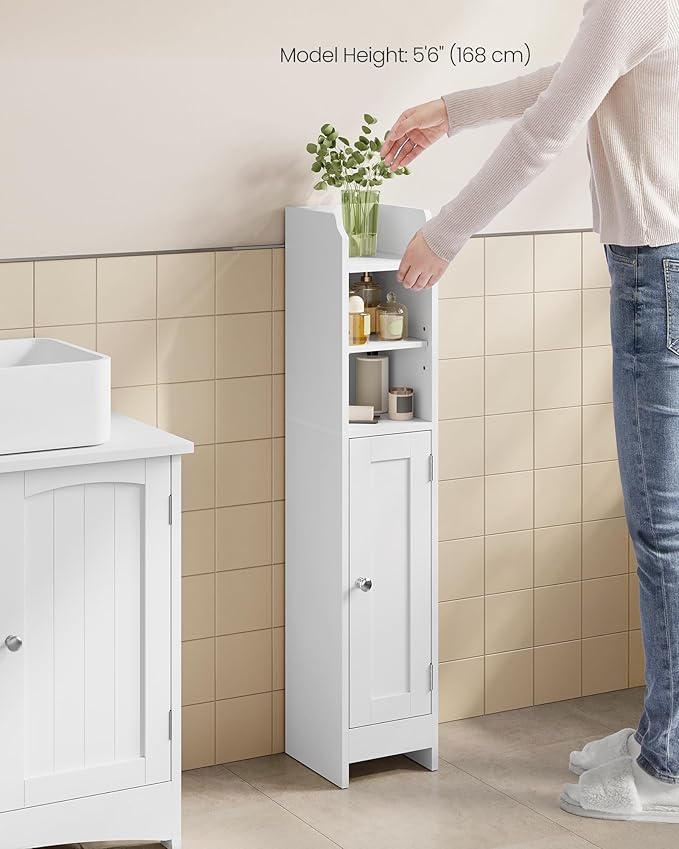 VASAGLE Small Storage Corner Floor Cabinet with Door, 7.9 x 7.1 x 36.2 Inches, Narrow Toilet Paper Storage Holder, Adjustable Shelves, for Bathroom, Living Room, Small Spaces, Cloud White UBBC311W01