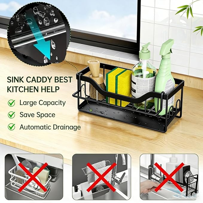 Kitchen Sink Organizer Stainless Steel Sponge Holder with Automatic Drainage Tray and Detachable Rag Rack
