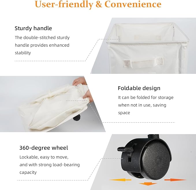 90L Laundry Basket with Wheels, Laundry Hamper with Removable Wash Bag, Rolling Clothes Hamper, Foldable Dirty Clothes Basket on wheels for Bedroom, Dorm, Laundry Room, White