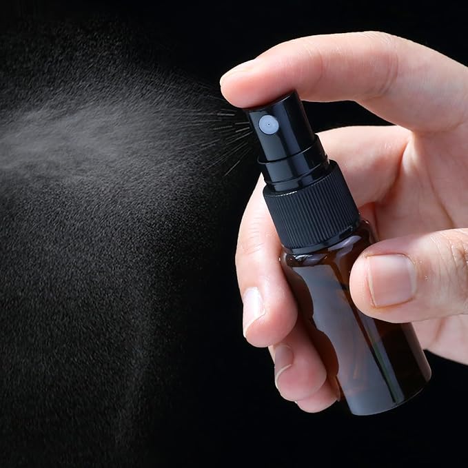 longway 15 PCS Spray Bottles, 0.5oz/15ml Amber Empty Fine Mist Spray Bottle Dispenser with Cap, Small Refillable Liquid Containers with 1pcs Funnel and 18pcs Labels