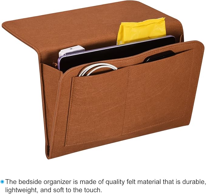 PATIKIL 13in Bedside Caddy, Bed Caddy Bedside Organizer Hanging 5 Pocket Soft Felt Bed Pockets Bedside Storage Organizer Remote Control Holder for Bedroom Phones Glasses, Brown