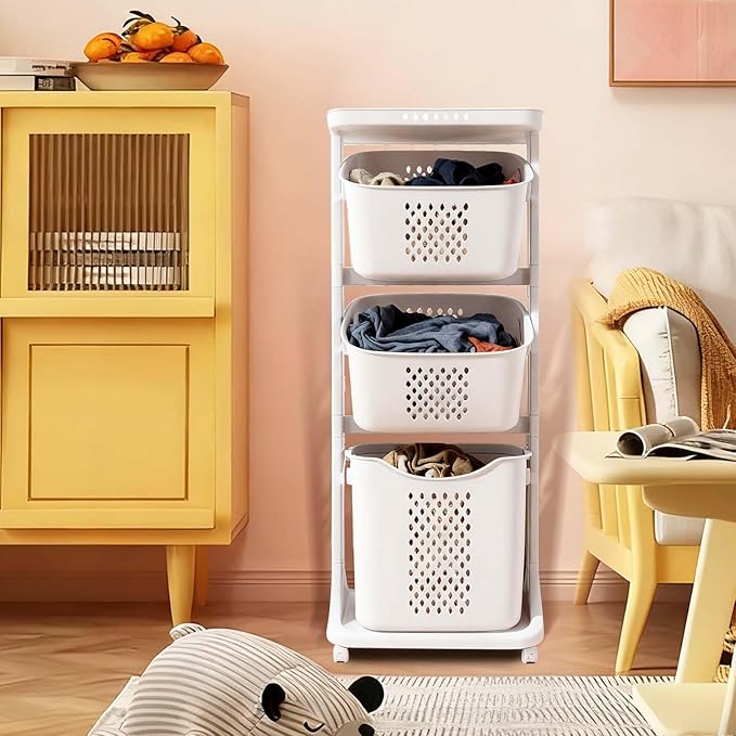3 Tier Laundry Hamper Vertical Rolling Plastic Laundry Sorter with Wheels Detachable Laundry Basket Portable Clothes Hamper Storage Basket for Bathroom Laundry Room Bedroom