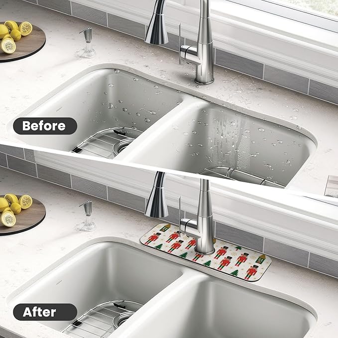 Nutcracker Christmas Tree Snowflakes Kitchen Sink Splash Guard Faucet Mat Super Absorbent Fast Drying Mat Sink Gadgets-Fast Drying Pad Sink Mat For Kitchen Bathroom (15" X 5.5" )