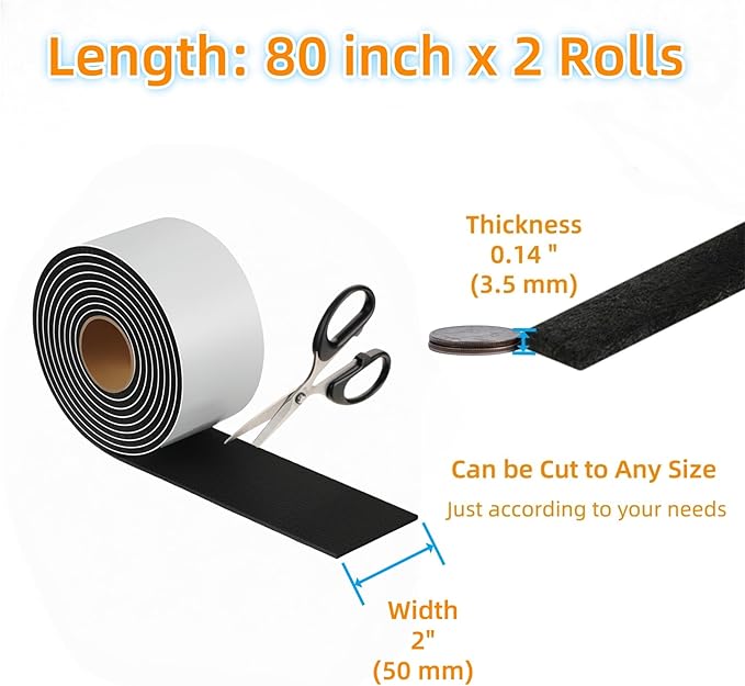 Felt Strips with Adhesive Backing – Furnigear Heavy Duty Cuttable Felt Tape Roll Furniture Pads for Chair Legs - Protecting Hardwood Floors, Chair Wall Protector (Black, 80 x 2 x 0.14 Inch)