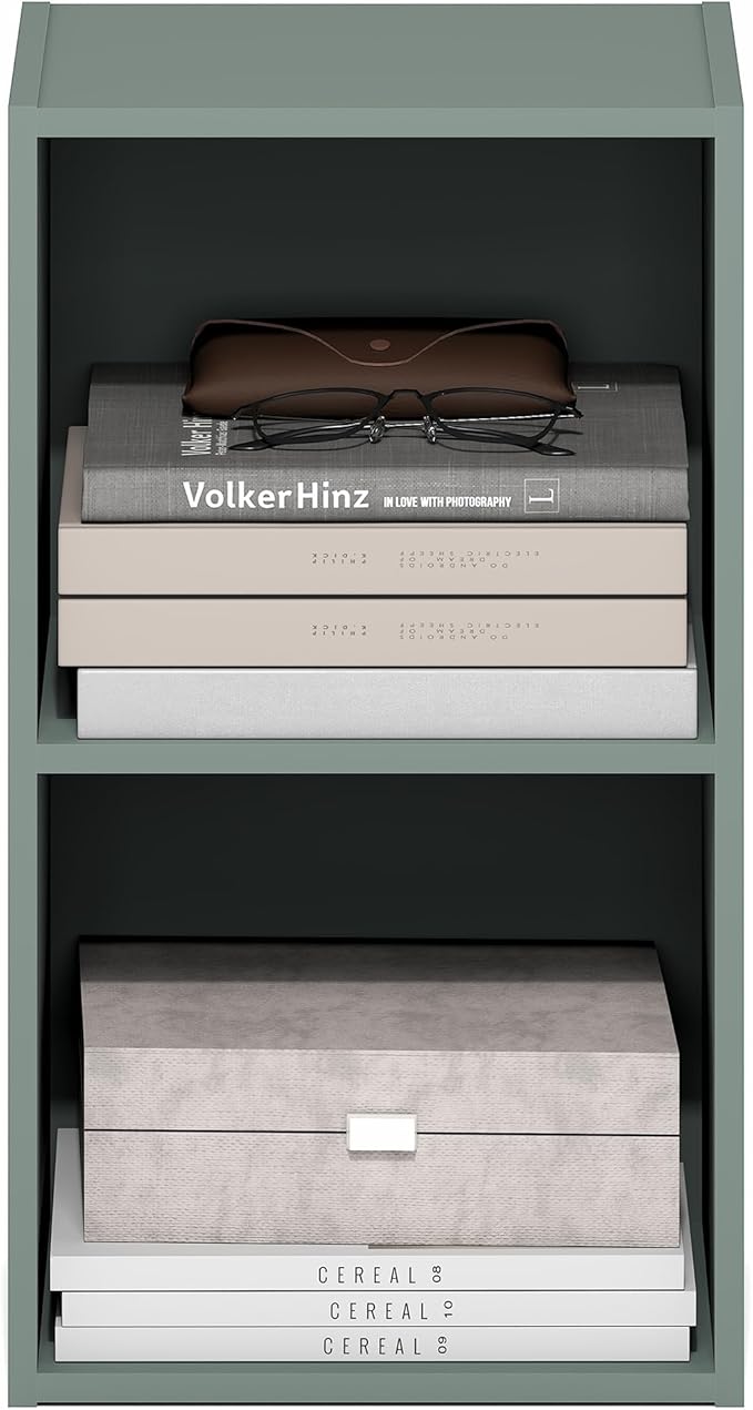 Furinno PASIR Book Shelf, 2-Tier Modern Bookshelf, Open Shelves Bookcase 9 x 12 x 21, for Living Room, Bedroom, Home Office, Sage Green