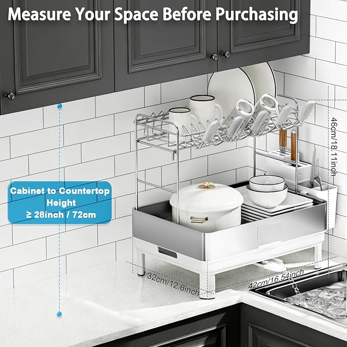 Large Dish Drying Rack, 304 Stainless Steel Dish Racks for Kitchen Counter, Automatic Drainage Spout, Rustproof Kitchen Dish Drainers with Drainboard, Utensil Holder & Glass Holder, White