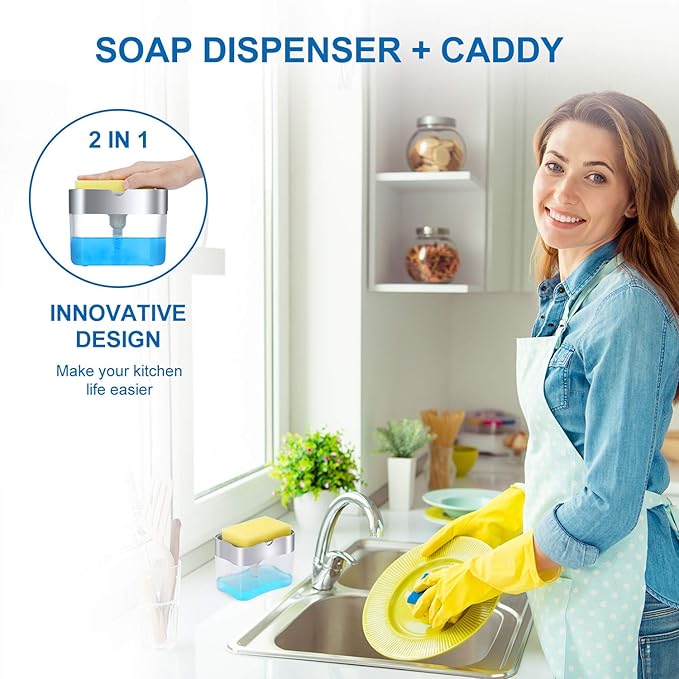 New 2026 Version Soap Dispenser with Added Features - Premium Quality Dish Soap Dispenser - Countertop Kitchen Soap Dispenser, Sink Dish Washing 13 Ounces (Sponge Included)