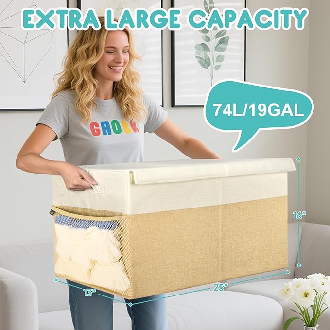 BALEINE Fabric Storage Bins with Lid, Collapsible Extra Large Storage Boxes Bins Baskets with Divider for Home Organizing (25"x13"x16", Khaki)
