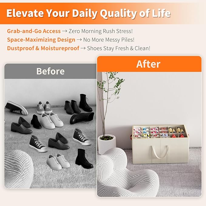 Aokeyee 2 Pack Shoe Organizer for Closet, Large Shoe Storage Box Fits up to 48 Pairs, Space Saving Foldable Shoes Organizer Bin w/Clear Cover and 4 Reinforced Handles, Beige