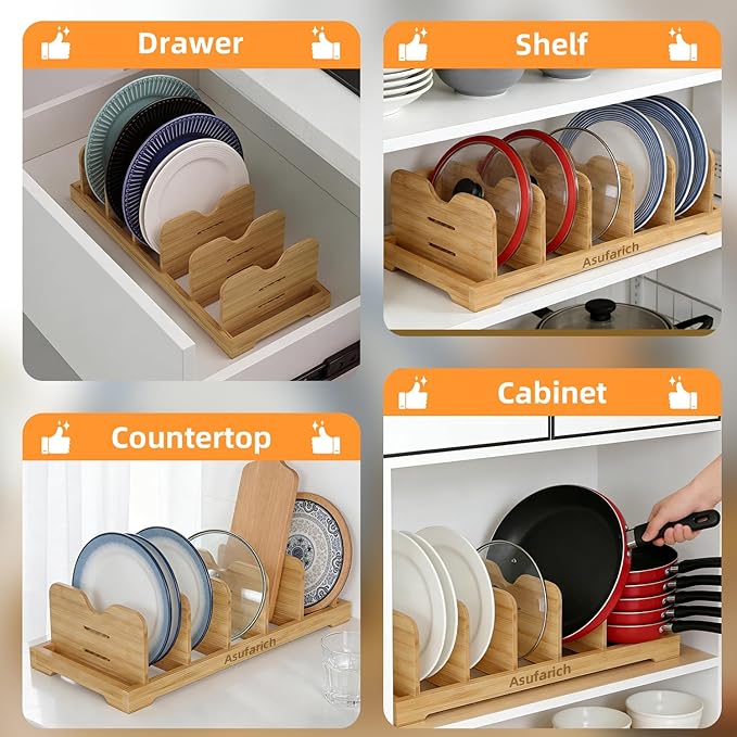 Pots and Pans Organizer Under Cabinet, Cutting Board/Baking Sheets Storage Rack, Adjustable Bamboo Pot Lid Holder, Pot Lid Organizer Inside Cabinet, Pot and Pan Organizers(Natural)