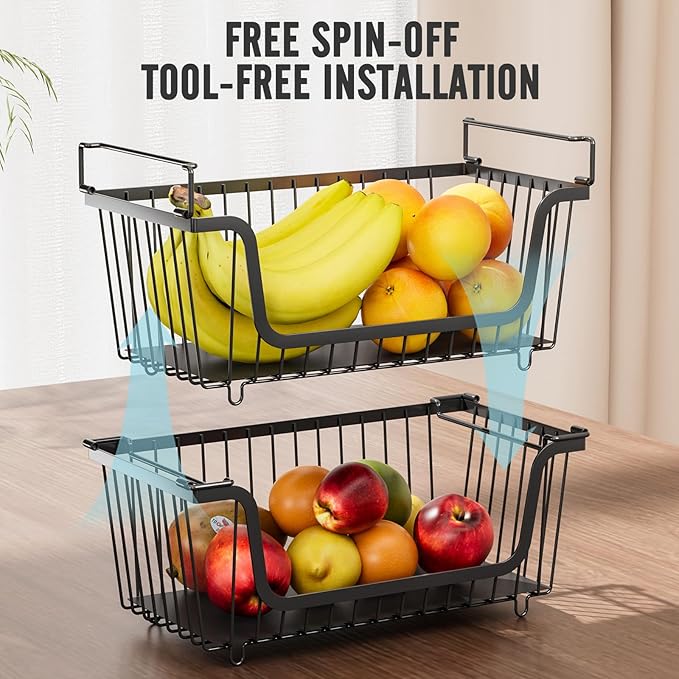 6 Pcs Stackable Wire Baskets for Pantry Organizers and Storage,Vegetable Fruit Basket for Countertop,Kitchen Storage Metal Baskets,Produce Potato Onion Storage Bin,Black