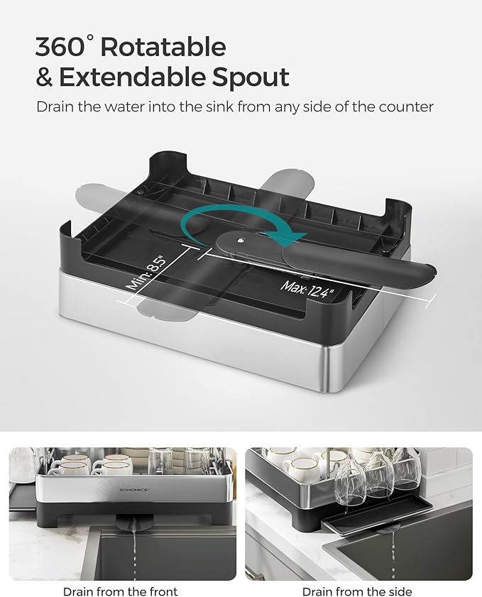 SONGMICS Dish Drying Rack - 2 Tier Dish Rack for Kitchen Counter with Rotatable and Extendable Drain Spout, Dish Drainer with Utensil, Cup, Glass, Cutting Board Holders, Black UKCS032B01