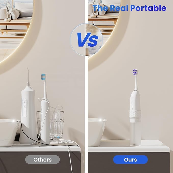Electric Toothbrush with Water flosser, 2 in 1 Teeth Cleaning Kit, Toothbrush and Water flosser Combo, 25-Day Battery, Travel Toothbrush with Water Bottle(White)