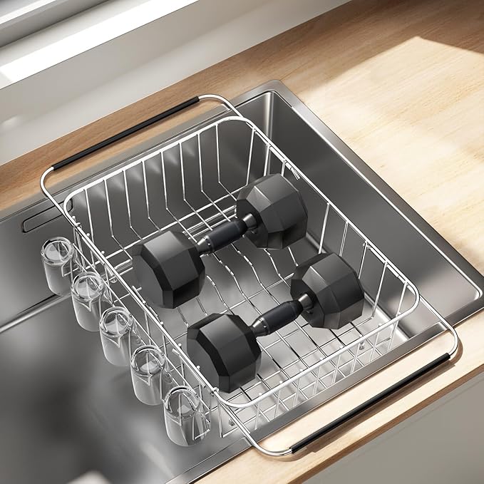 Dish Drying Rack in Sink, Extendable Stainless Steel Dish Drainers for Kitchen Counter, Anti-Rust Dish Dryer Rack with Utensil & Cup Holders, for Inside Sink, Over The Sink