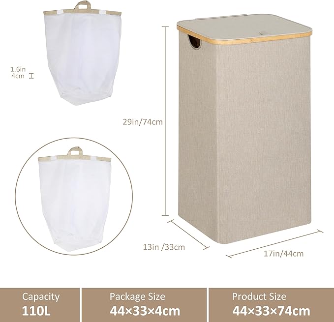 A Laundry Basket with Lid, Large Laundry Hamper with Handle and Lid, Collapsible Clothes Basket Organizer with Removable Inner Bag for Clothes Toys Towels (Oatmeal, 110L)