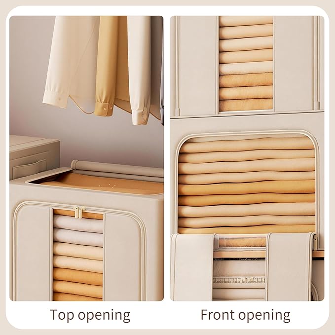 100L Clothes Storage Bins with Metal Frame Foldable Storage Bins with Lids Clothes Organizers and Storage with Clear Window Stackable Zippered Clothes Storage Bags(Beige)