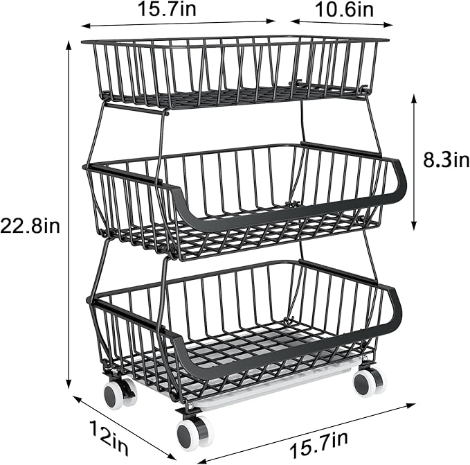 3-Tier Rolling Pantry Floor Organizer, Stackable Pantry Storage Cart with Wheels, Metal Wire Pantry Baskets, Kitchen Fruit Basket Stand, Vegetable Storage Rack for Fruits Snacks Onions Potatoes,1 Pack