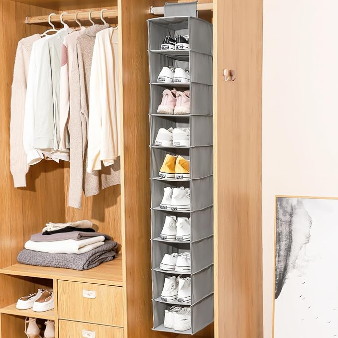 HomeBeyond 10-Shelf Hanging Closet Organizer, Grey Storage Shelves for Clothes, Shoes, and Accessories, Space-Saving Closet Storage Solution