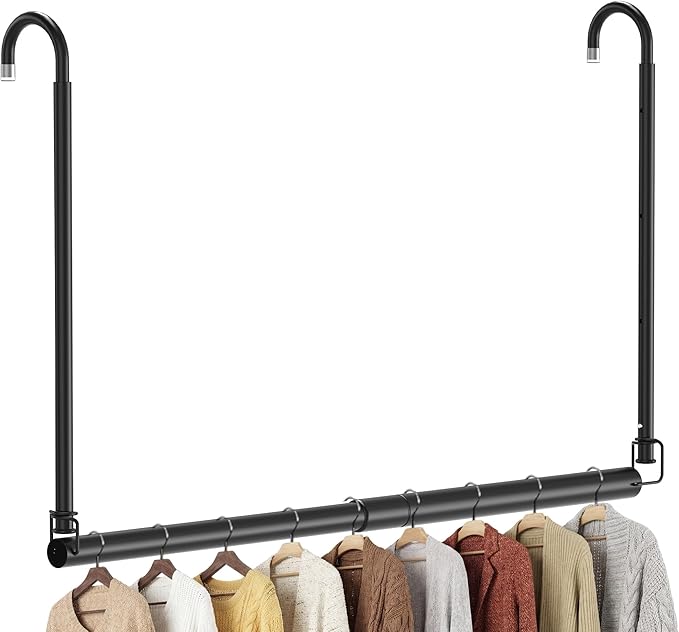 Stepless Extender Closet Hanging Rod - Heavy Duty Closet Rods for Hanging Clothes, Adjustable Width & Height, Space-Saving Matte Black Closet Organizer for Hanging & Drying, Easy to Install