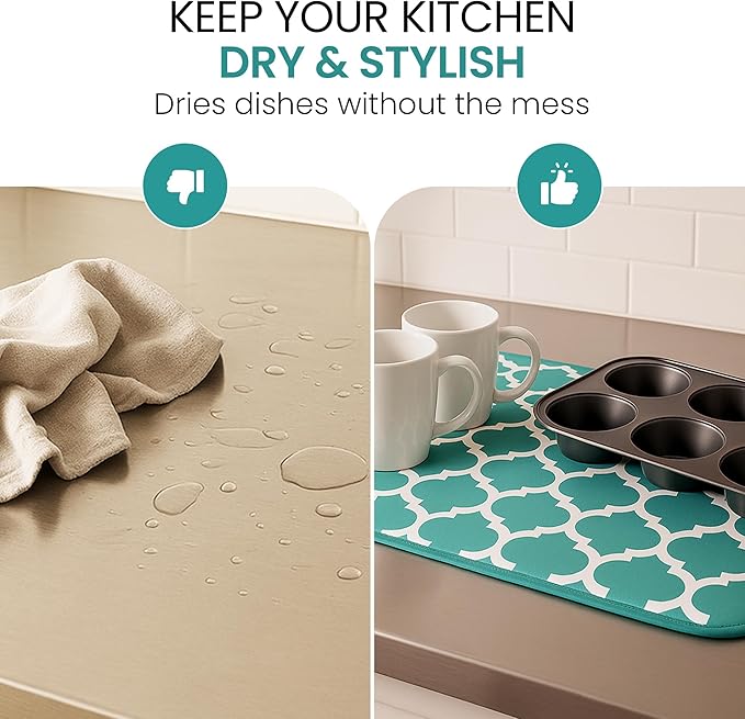 Dish Drying Mat - Microfiber Kitchen Counter Mat, Super Absorbent & Quick Dry Dish Drying Pad for Dishes, Utensils, Pots & Pans - Large Reversible Drying Mat for Kitchen Countertops, Coffee Bar, Green